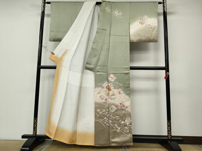 平和屋着物●訪問着　駒刺繍　松皮菱草花文　暈し染め　金銀彩　正絹　逸品　CABE6903ut