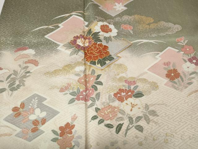 平和屋着物●訪問着　駒刺繍　松皮菱草花文　暈し染め　金銀彩　正絹　逸品　CABE6903ut