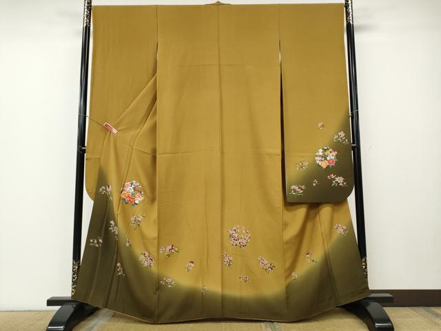 平和屋着物●豪華振袖　手描き　駒刺繍　草花丸文　暈し染め　金彩　正絹　逸品　CABE6921ut