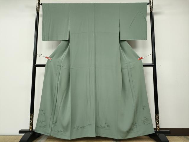 平和屋着物●色留訪問着　鶴草花文　錆青磁色　正絹　逸品　CABE6922ut