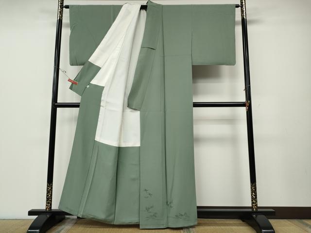 平和屋着物●色留訪問着　鶴草花文　錆青磁色　正絹　逸品　CABE6922ut