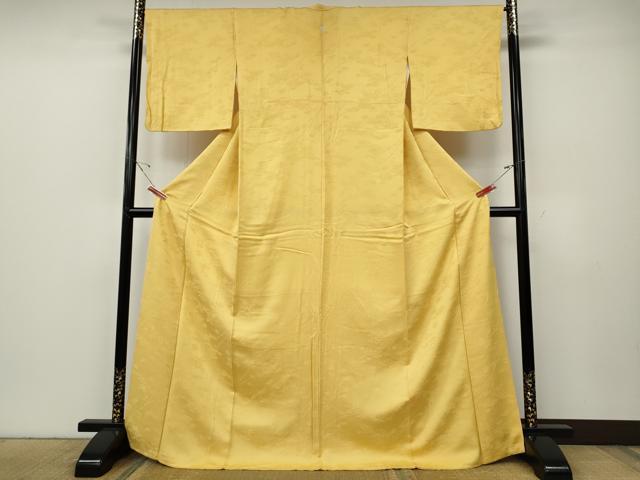 平和屋着物●上質な色無地　笹竹地紋　支子色　ロング丈　正絹　逸品　CABE6939ut