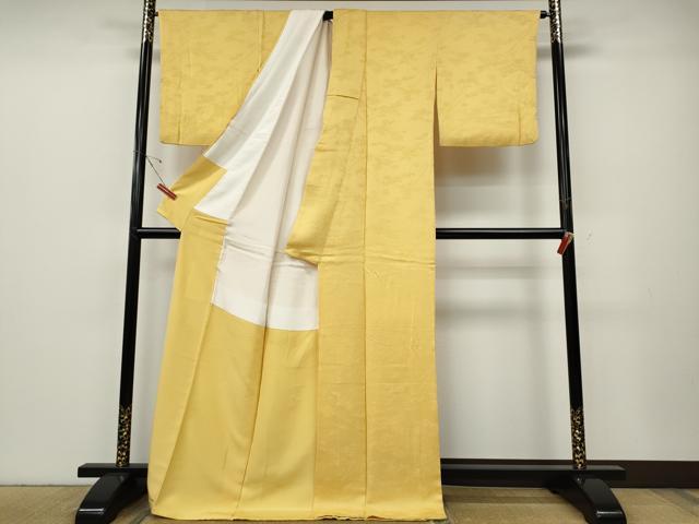 平和屋着物●上質な色無地　笹竹地紋　支子色　ロング丈　正絹　逸品　CABE6939ut