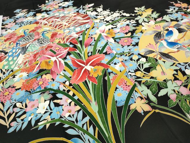 平和屋着物●本加賀友禅作家　直江良三　黒留袖　花鳥文　正絹　逸品　CABE6946ut