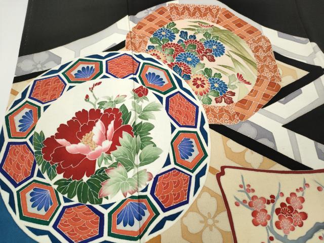 平和屋着物●本加賀友禅作家　鶴見保次　黒留袖　絵皿吉祥花文　正絹　逸品　CABE6949ut