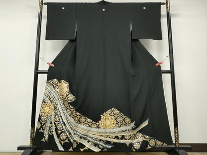 平和屋着物●豪華黒留袖　正倉院熨斗吉祥花文　金銀彩　正絹　逸品　CABE6951ut