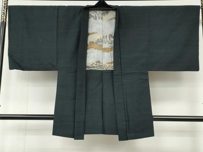 平和屋着物●男性　紬　アンサンブル　藍鉄色　正絹　逸品　CABE6954ut