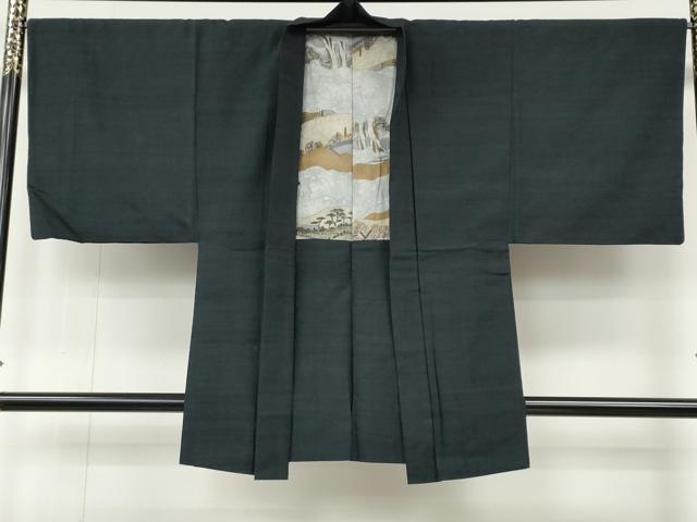 平和屋着物●男性　紬　アンサンブル　藍鉄色　正絹　逸品　CABE6954ut