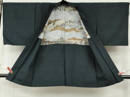 平和屋着物●男性　紬　アンサンブル　藍鉄色　正絹　逸品　CABE6954ut