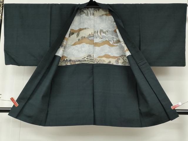 平和屋着物●男性　紬　アンサンブル　藍鉄色　正絹　逸品　CABE6954ut