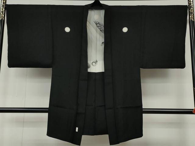 平和屋着物●男性　黒紋付　羽織セット　羽裏：一富士二鷹三茄子　正絹　逸品　CABE6956ut