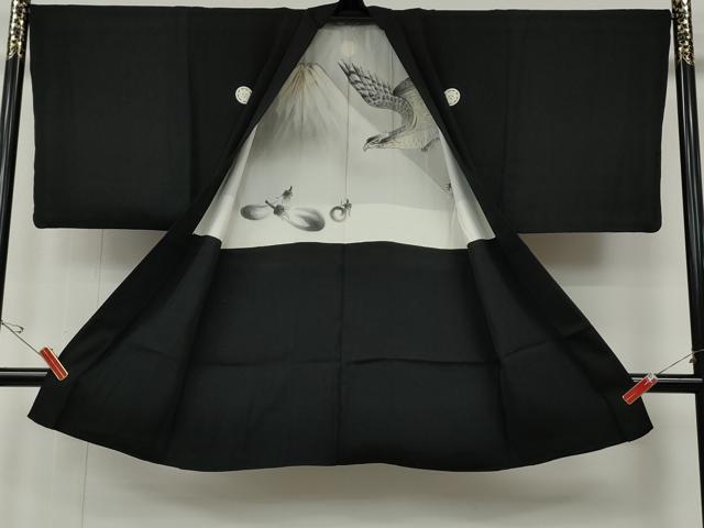 平和屋着物●男性　黒紋付　羽織セット　羽裏：一富士二鷹三茄子　正絹　逸品　CABE6956ut