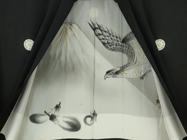 平和屋着物●男性　黒紋付　羽織セット　羽裏：一富士二鷹三茄子　正絹　逸品　CABE6956ut