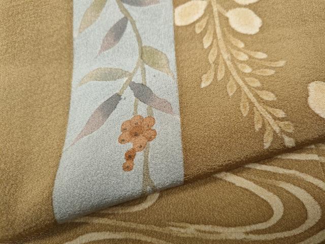 平和屋着物＊夏物　訪問着　生紬　手描き　流水草花文　正絹　逸品　AABF6808jd 平和屋着物＊夏物 訪問着 生紬 手描き 流水草花文 正絹 逸品