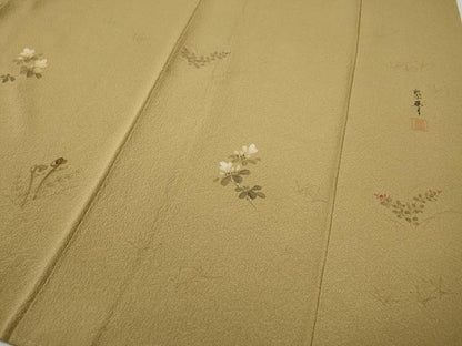 平和屋着物●染色作家　桐山紫香　手描き　訪問着　草花文　金彩　正絹　逸品　CABE6958ut