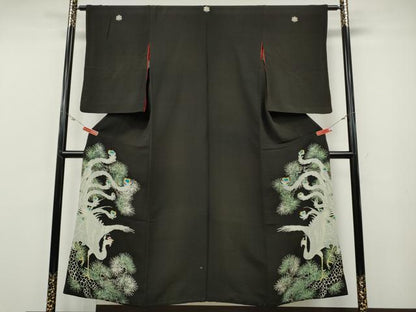 平和屋着物●アンティーク　大正ロマン　黒留袖　刺繍　鳳凰松文　金糸　正絹　逸品　CABE6989ut