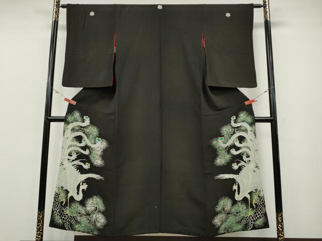 平和屋着物●アンティーク　大正ロマン　黒留袖　刺繍　鳳凰松文　金糸　正絹　逸品　CABE6989ut