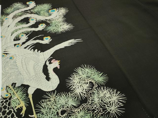 平和屋着物●アンティーク　大正ロマン　黒留袖　刺繍　鳳凰松文　金糸　正絹　逸品　CABE6989ut