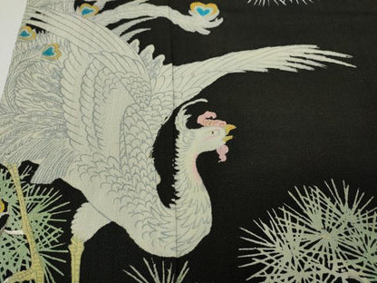 平和屋着物●アンティーク　大正ロマン　黒留袖　刺繍　鳳凰松文　金糸　正絹　逸品　CABE6989ut
