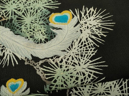 平和屋着物●アンティーク　大正ロマン　黒留袖　刺繍　鳳凰松文　金糸　正絹　逸品　CABE6989ut