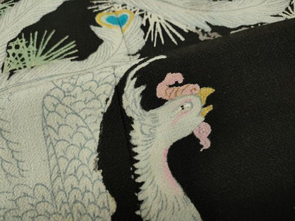 平和屋着物●アンティーク　大正ロマン　黒留袖　刺繍　鳳凰松文　金糸　正絹　逸品　CABE6989ut