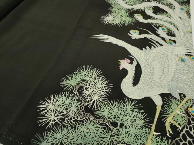 平和屋着物●アンティーク　大正ロマン　黒留袖　刺繍　鳳凰松文　金糸　正絹　逸品　CABE6989ut