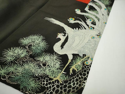 平和屋着物●アンティーク　大正ロマン　黒留袖　刺繍　鳳凰松文　金糸　正絹　逸品　CABE6989ut