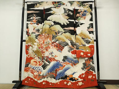 平和屋本店●アンティーク　大正ロマン　振袖　駒刺繍　御所車飛鶴吉祥花文　金彩　正絹　逸品　CABE6990ut