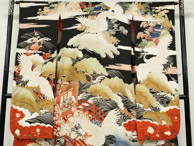 平和屋本店●アンティーク　大正ロマン　振袖　駒刺繍　御所車飛鶴吉祥花文　金彩　正絹　逸品　CABE6990ut