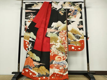 平和屋本店●アンティーク　大正ロマン　振袖　駒刺繍　御所車飛鶴吉祥花文　金彩　正絹　逸品　CABE6990ut