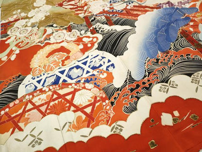 平和屋本店●アンティーク　大正ロマン　振袖　駒刺繍　御所車飛鶴吉祥花文　金彩　正絹　逸品　CABE6990ut