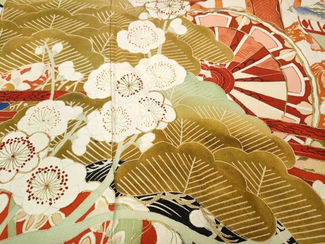 平和屋本店●アンティーク　大正ロマン　振袖　駒刺繍　御所車飛鶴吉祥花文　金彩　正絹　逸品　CABE6990ut