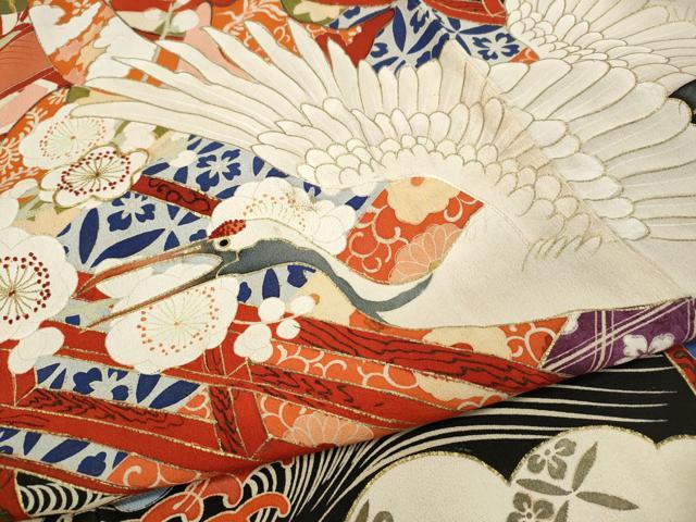 平和屋本店●アンティーク　大正ロマン　振袖　駒刺繍　御所車飛鶴吉祥花文　金彩　正絹　逸品　CABE6990ut