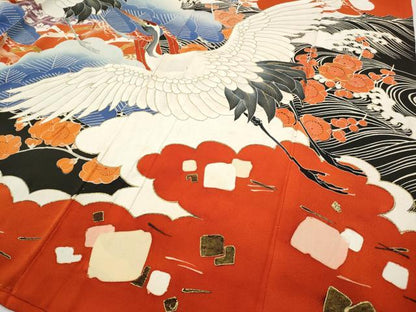 平和屋本店●アンティーク　大正ロマン　振袖　駒刺繍　御所車飛鶴吉祥花文　金彩　正絹　逸品　CABE6990ut