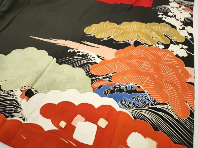 平和屋本店●アンティーク　大正ロマン　振袖　駒刺繍　御所車飛鶴吉祥花文　金彩　正絹　逸品　CABE6990ut