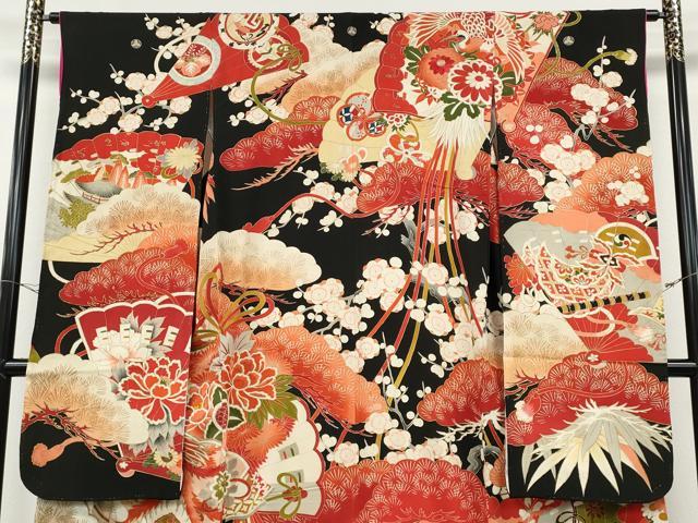 平和屋本店●アンティーク　大正ロマン　振袖　刺繍　檜扇鳳凰草花文　金彩　正絹　逸品　CABE6991ut