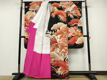 平和屋本店●アンティーク　大正ロマン　振袖　刺繍　檜扇鳳凰草花文　金彩　正絹　逸品　CABE6991ut