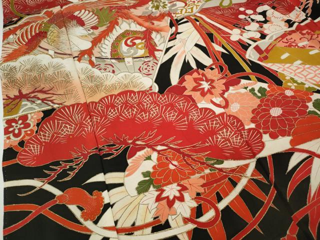 平和屋本店●アンティーク　大正ロマン　振袖　刺繍　檜扇鳳凰草花文　金彩　正絹　逸品　CABE6991ut