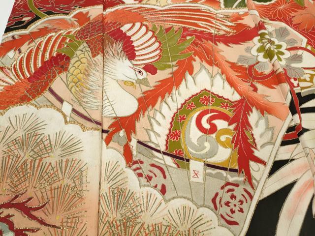 平和屋本店●アンティーク　大正ロマン　振袖　刺繍　檜扇鳳凰草花文　金彩　正絹　逸品　CABE6991ut