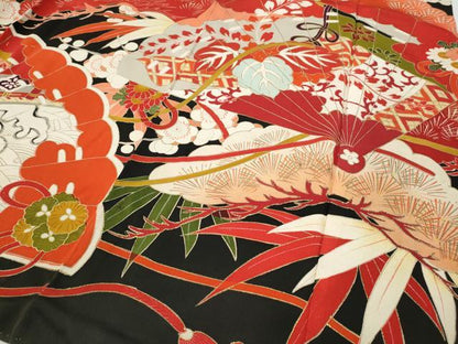 平和屋本店●アンティーク　大正ロマン　振袖　刺繍　檜扇鳳凰草花文　金彩　正絹　逸品　CABE6991ut