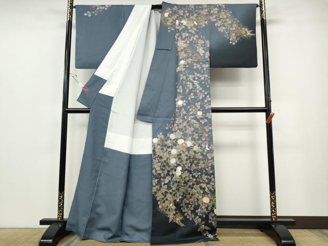 平和屋着物●訪問着　駒刺繍　舞蝶文　金銀糸　正絹　逸品　AABG7142ph 平和屋着物○訪問着 駒刺繍 流水舞蝶草花文 金通し地