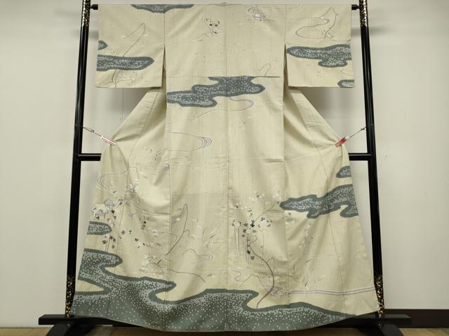 平和屋着物●十日町 名門青柳謹製　赤城紬　訪問着　絞り　流水風景草花文　正絹　逸品　CABE6998ut