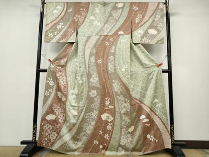 平和屋着物●訪問着　絞り　刺繍　地紙草花文　金彩　正絹　逸品　CABE7003ut
