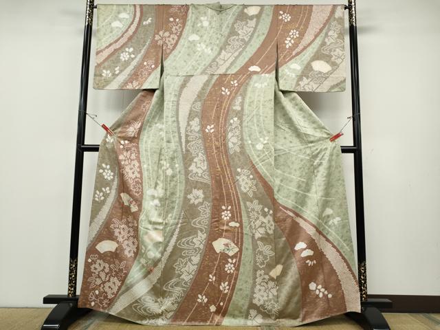 平和屋着物●訪問着　絞り　刺繍　地紙草花文　金彩　正絹　逸品　CABE7003ut