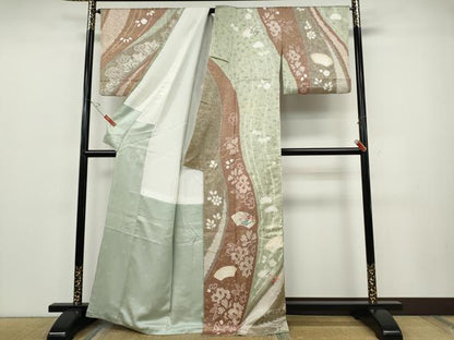 平和屋着物●訪問着　絞り　刺繍　地紙草花文　金彩　正絹　逸品　CABE7003ut