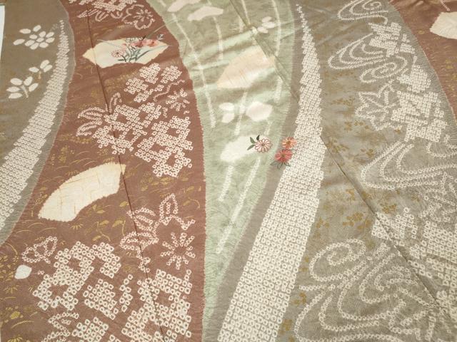 平和屋着物●訪問着　絞り　刺繍　地紙草花文　金彩　正絹　逸品　CABE7003ut