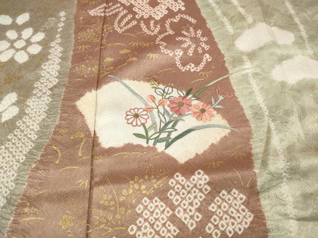 平和屋着物●訪問着　絞り　刺繍　地紙草花文　金彩　正絹　逸品　CABE7003ut