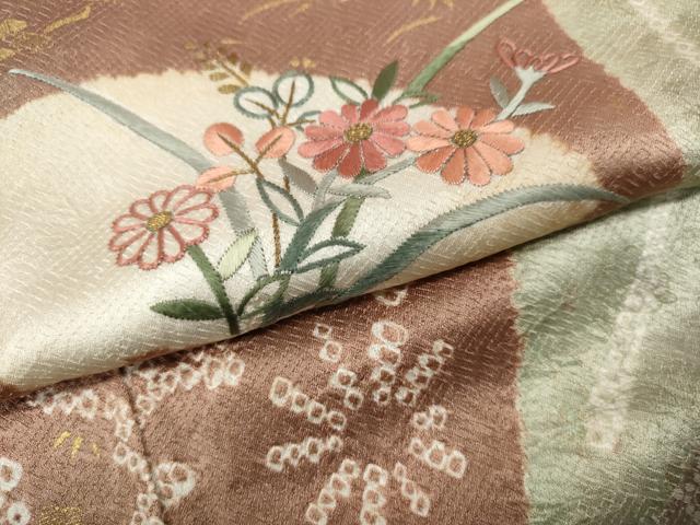 平和屋着物○訪問着 絞り 刺繍 地紙草花文 金彩 正絹 逸品 CABE7003ut