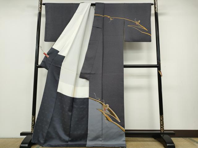 平和屋着物●染色工房　水九木　訪問着　葡萄蔦の葉文　銀通し地　ロング丈　正絹　逸品　CABE7010ut