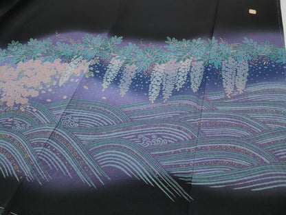 平和屋着物●ブライダルファッションデザイナー・桂由美　黒留袖　刺繍　立波草花文　十二単風　暈し染め　金糸　逸品　未使用　CABE7011ut